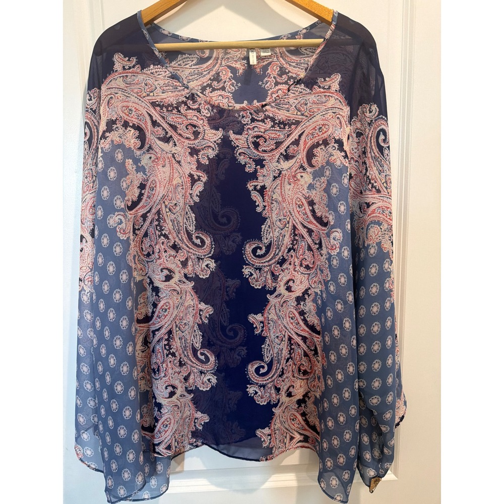 Cato Womens 18/20W Navy Blue Paisley Sheer Poncho Blouse Top RN37080
